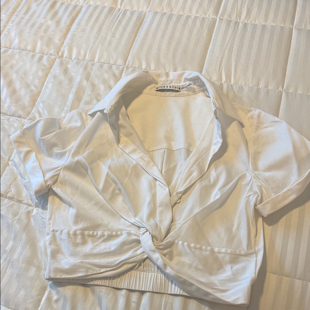 Alice + Olivia Ivory Tie-Front Cropped Blouse